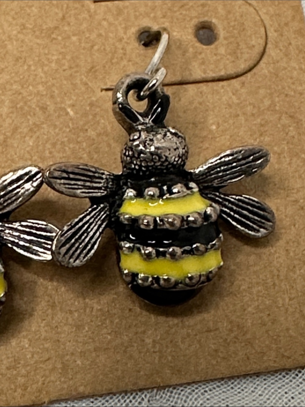 Bee Charm Dangle Earrings - Yellow and Silver Tone - Picture 4 of 4